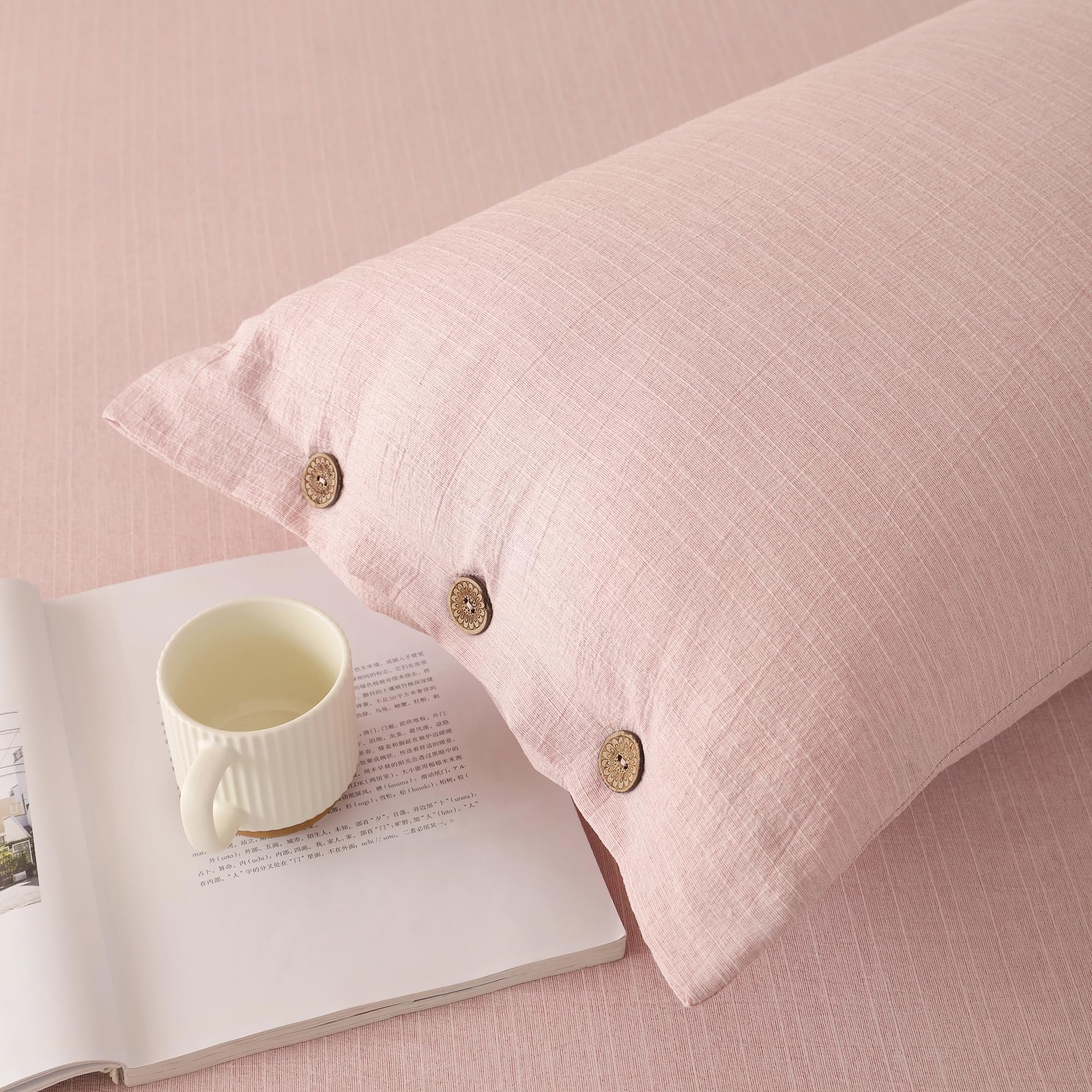 Story@Home King Size Bedsheet | Cotton Linen Design Flat Sheet with 2 Pillow Covers | Super Soft Bed Sheet for King Size Bed | 300 TC Solid Pattern | 250 x 270 cm | Blush Pink-image-11