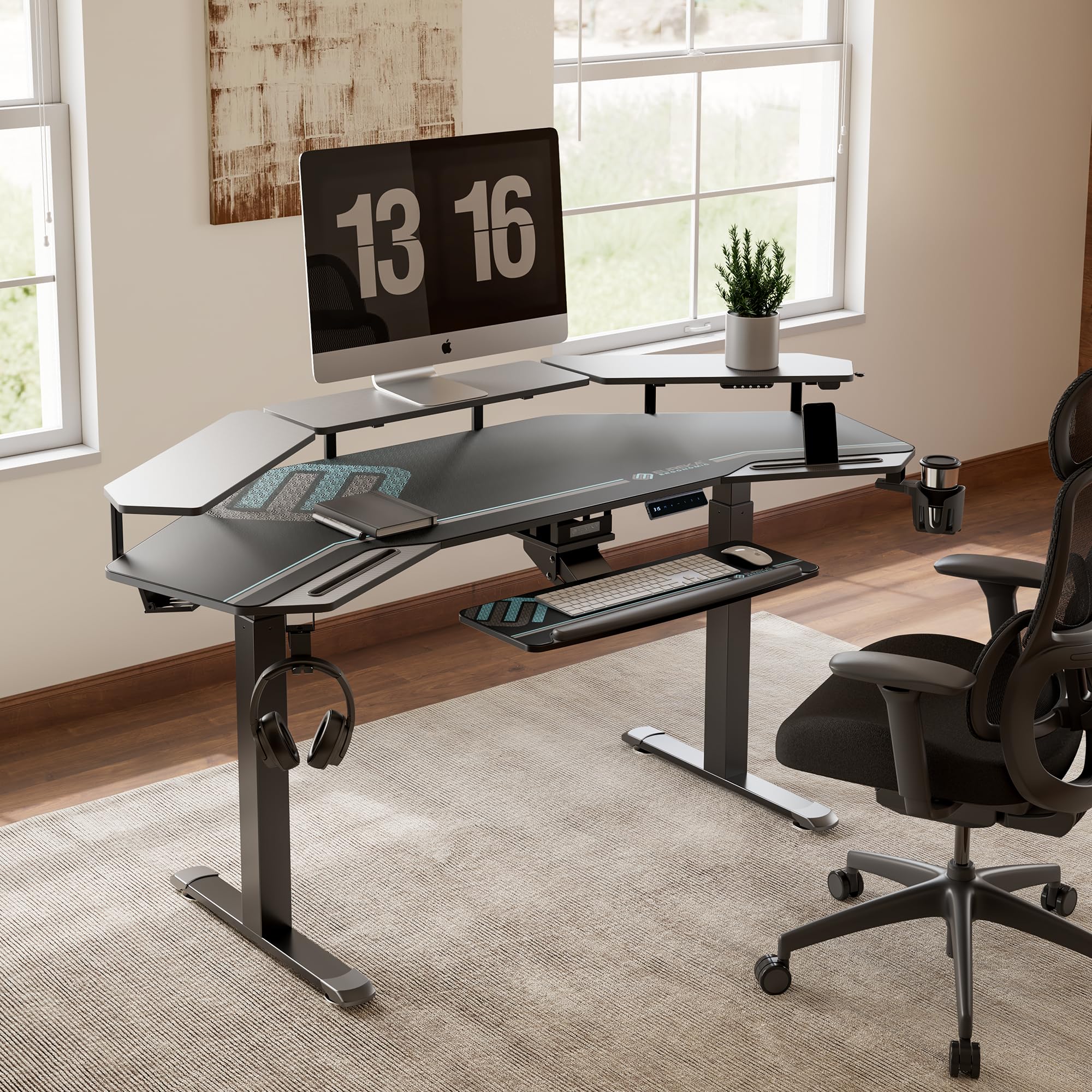EUREKA ERGONOMIC Bureau Gaming LED 182x76cm en Forme d'Aile Bureau Assis Debout Électrique Bureau Gamer Réglable en Hauteur avec Plateau pour Clavier, Étagère de Moniteur