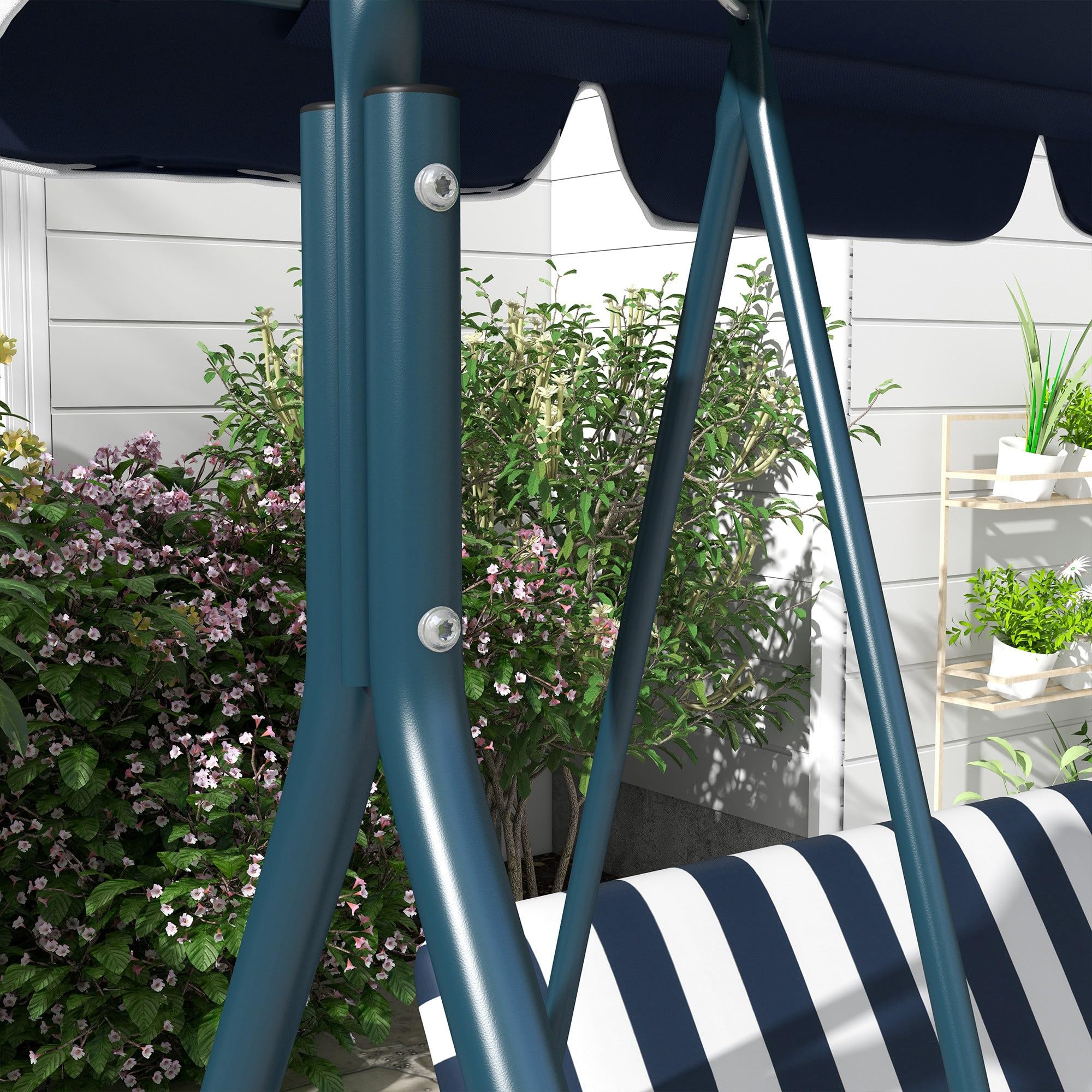 Outsunny Columpio de Jardín Exterior de 3 Plazas, Balancín de Jardín Exterior con Techo Ajustable y Marco de Acero, para Balcón, Terraza, Patio, Carga 240 kg, 172x110x153 cm, Raya Azul
