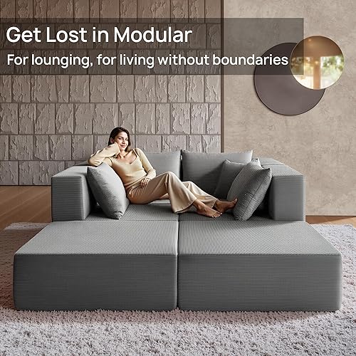 Miniatura 7 de YINIX Sofá cama modular de pana de 140 pulgadas, cómodo sofá de nube para sala de estar, sofá de piso de 6 piezas, combinación de compresión libre,