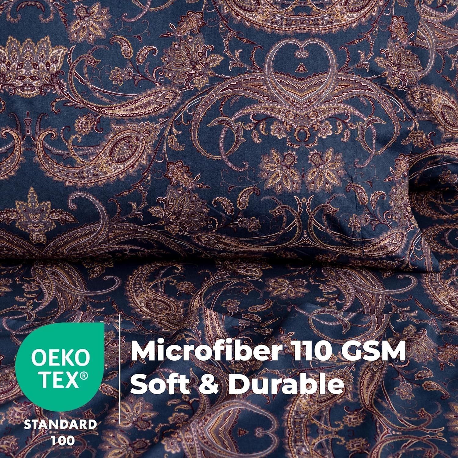 Dreamology Sheet Set King, 4 Pieces Microfiber Sheet, Printed Sheet Set with Solid Cuffed Detail, Includes 1 Flat Sheet, 1 Deep Pocket Fitted Sheet and 2 Pillowcases, King Sheets - Paisley - Image 3