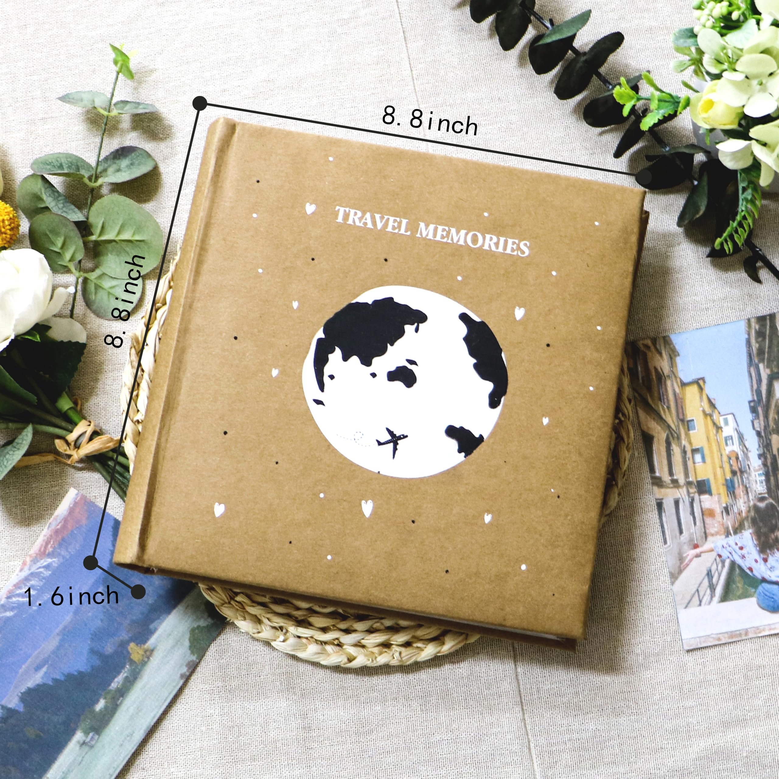 Holoary Album fotograficzny na 200 zdjęć 10 x 15 cm, 2 zdjęcia na stronę, 200 kieszeni, z miejscem do pisania, okładka z papieru kraftowego, projekt podróżny, mapa świata, przygoda, wakacje, podróże