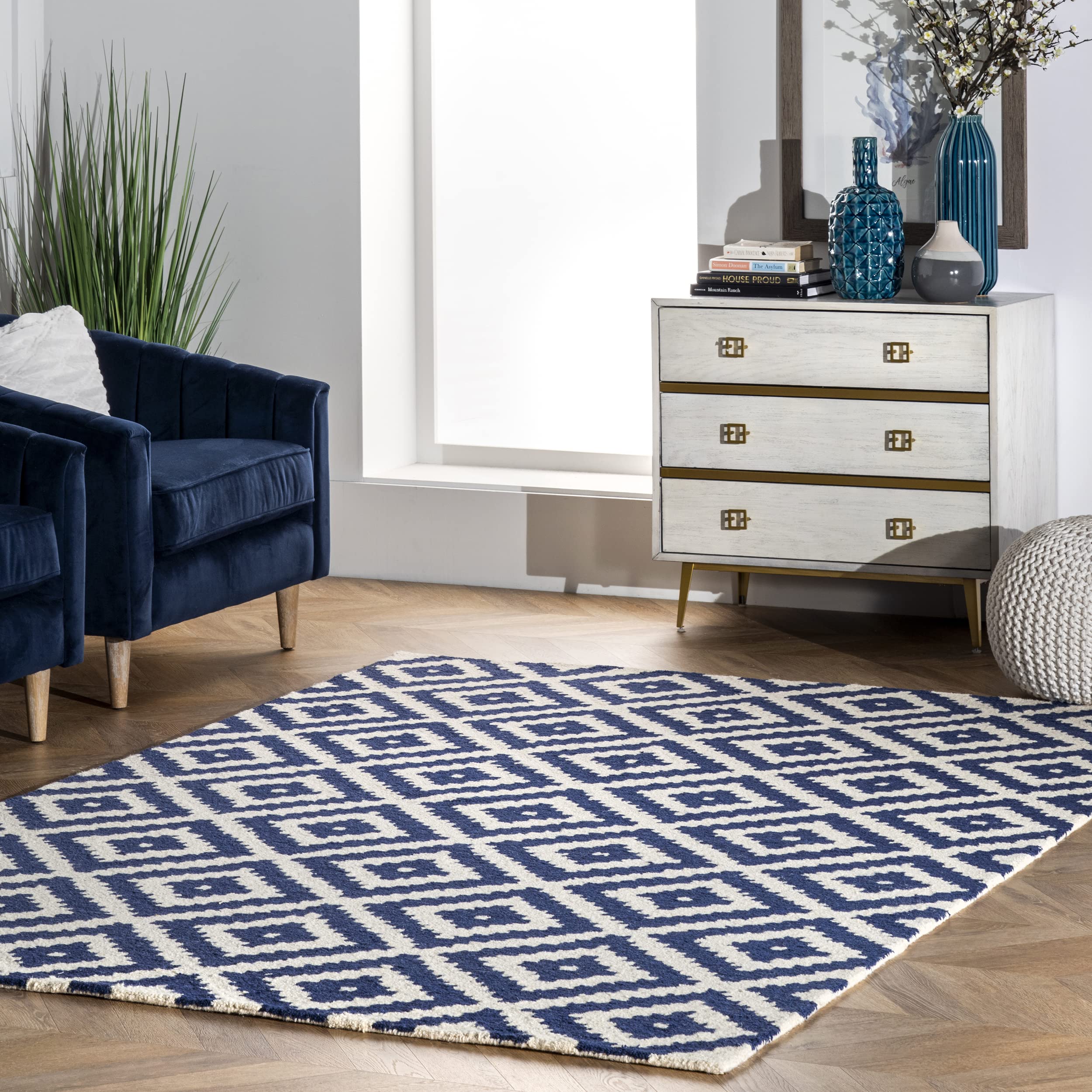 Tapis en laine nuLOOM bleu marine géométrique 150x230 cm pour salon élégant