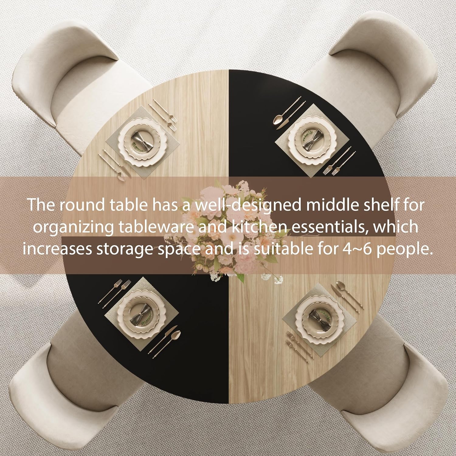 Garvee Round Dining Table for 4-6, 42" Farmhouse Kitchen Table with Storage, Circle Dinner Tables for Kitchen, Dining Room, Living Room, Meeting Room, Apartment