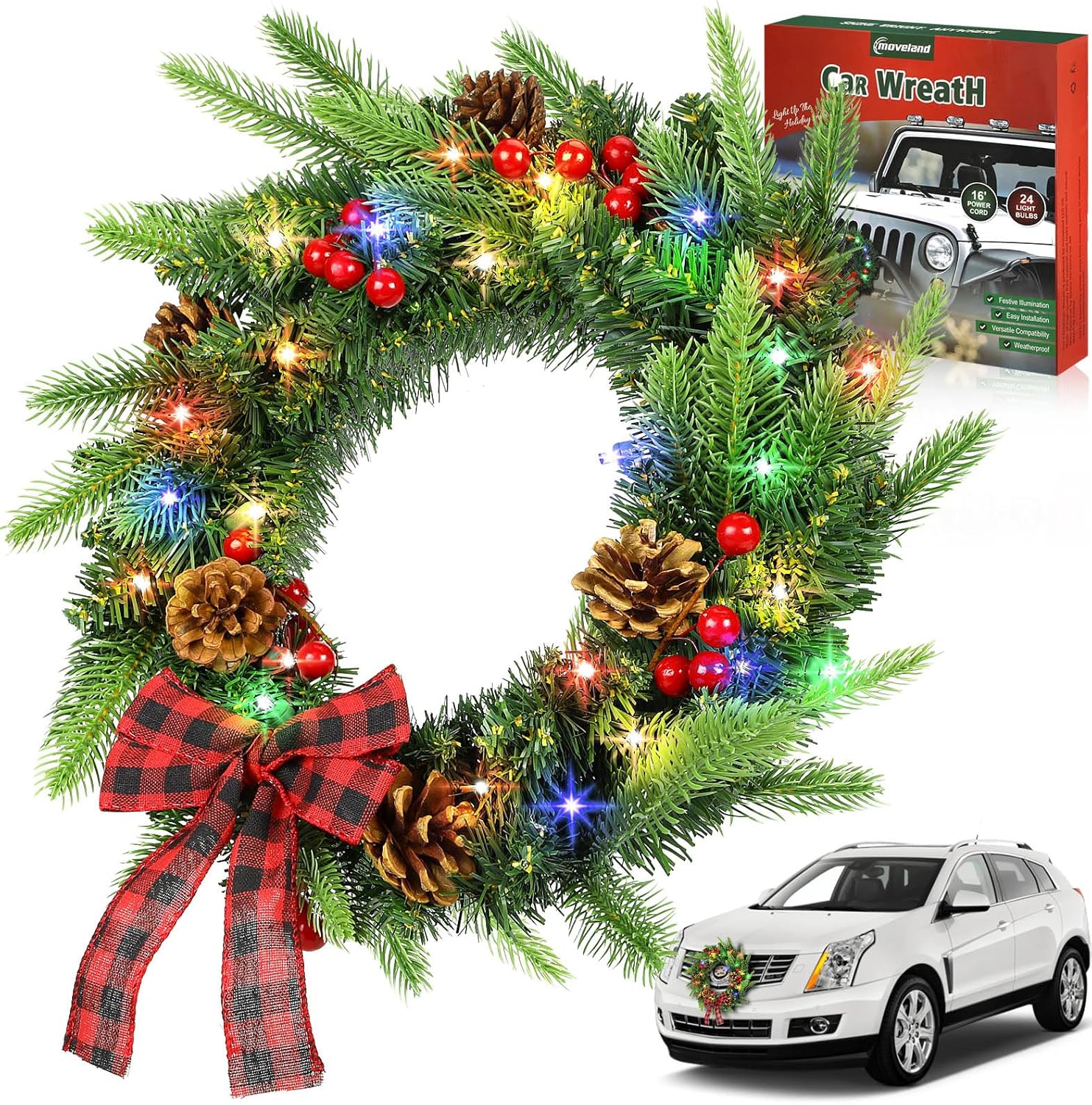 moveland 14" LED Light Up Car Christmas Wreath with - 24 Color Pre-Lit Wreath for Car Truck SUV - Grill Ornament Mount Xmas Decoration with Pine Cones, Berry Clusters