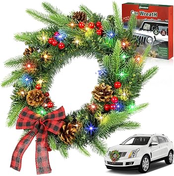 moveland 14" LED Light Up Car Christmas Wreath with - 24 Color Pre-Lit Wreath for Car Truck SUV - Grill Ornament Mount Xmas Decoration with Pine Cones, Berry Clusters