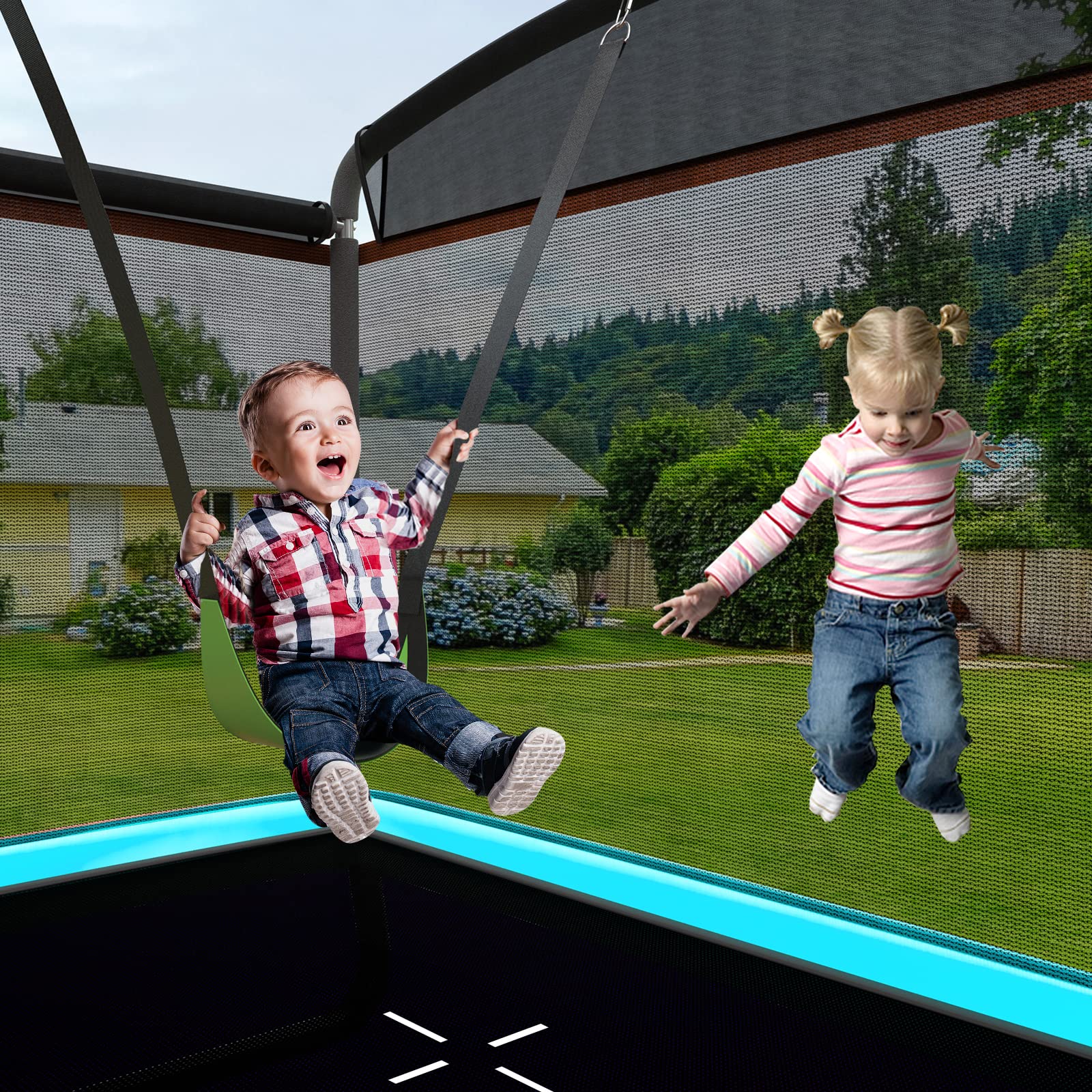 KOMFOTTEU Trampolino Elastico per bambini con Altalena, Rete di Sicurezza, Trampolino Rettangolare Portato 100 kg, Tappeto da Salto all'Aperto, Tappetino per Saltare, 190x122x210 cm