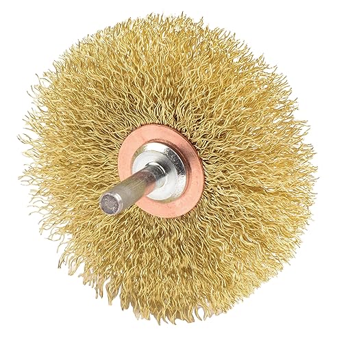 Weiler 17641 Rueda de alambre prensado, montaje en vástago de 3 pulgadas, relleno de latón de 0.118 pulgadas, vástago de 14 pulgadas, fabricado en
