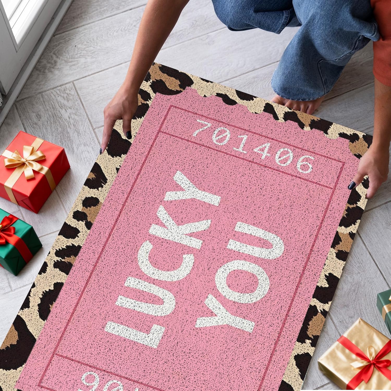 SNNDER Trendy Retro Pink Leopard Doormat, Preppy Girly Door Mat Indoor Outdoor Outside Entrance Entryway, Aesthetic Pink Lucky You Ticket Welcome Mats for Front Door, 17x30 Inch