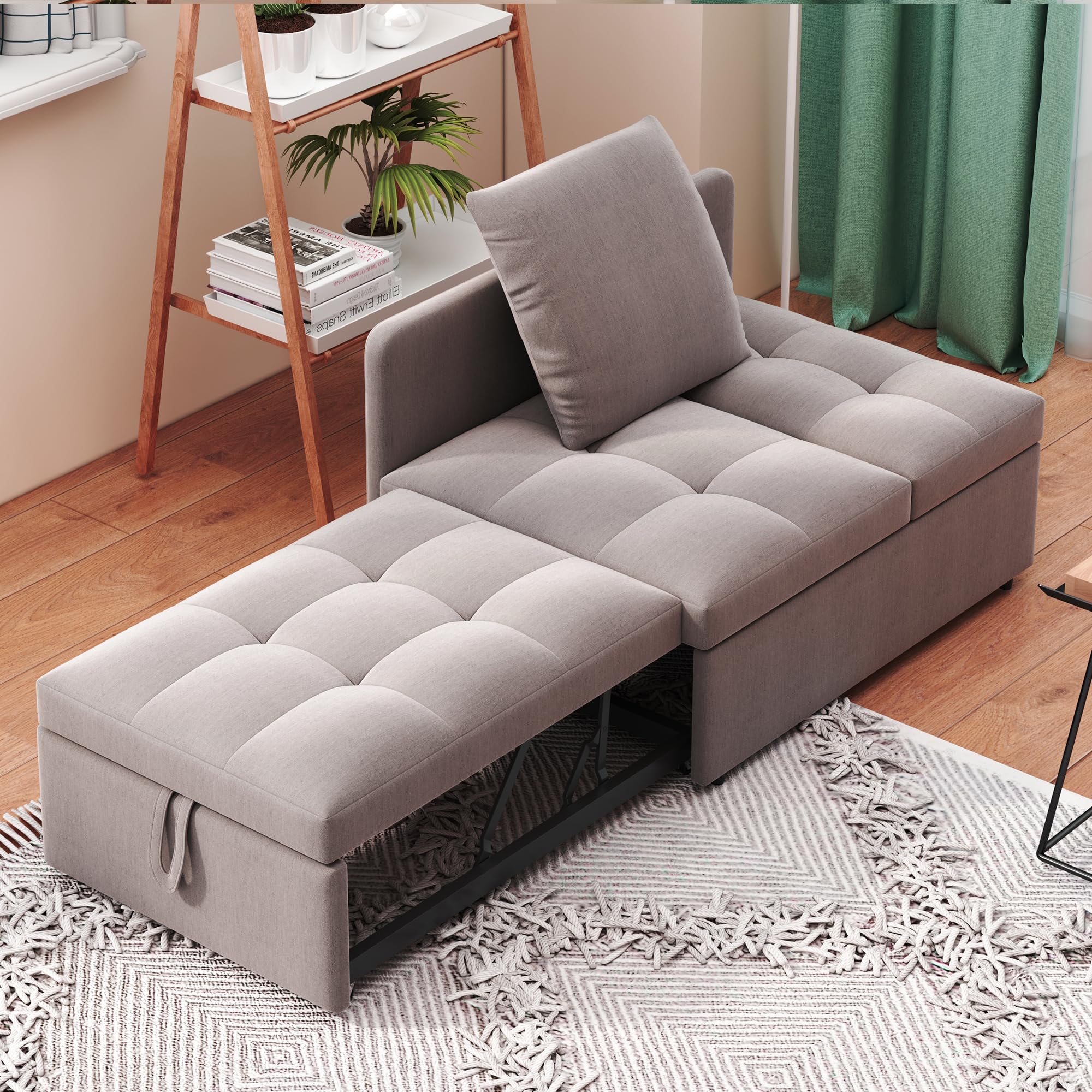 3-in-1-Schlafsofa mit Schlaffunktion, Klappsofa, Sofa Hocker, 5-Fach verstellbare Rückenlehne, Leinenstoffsofa, Schlafsessel für Wohnzimmer & Gästezimmer. (Grau A)