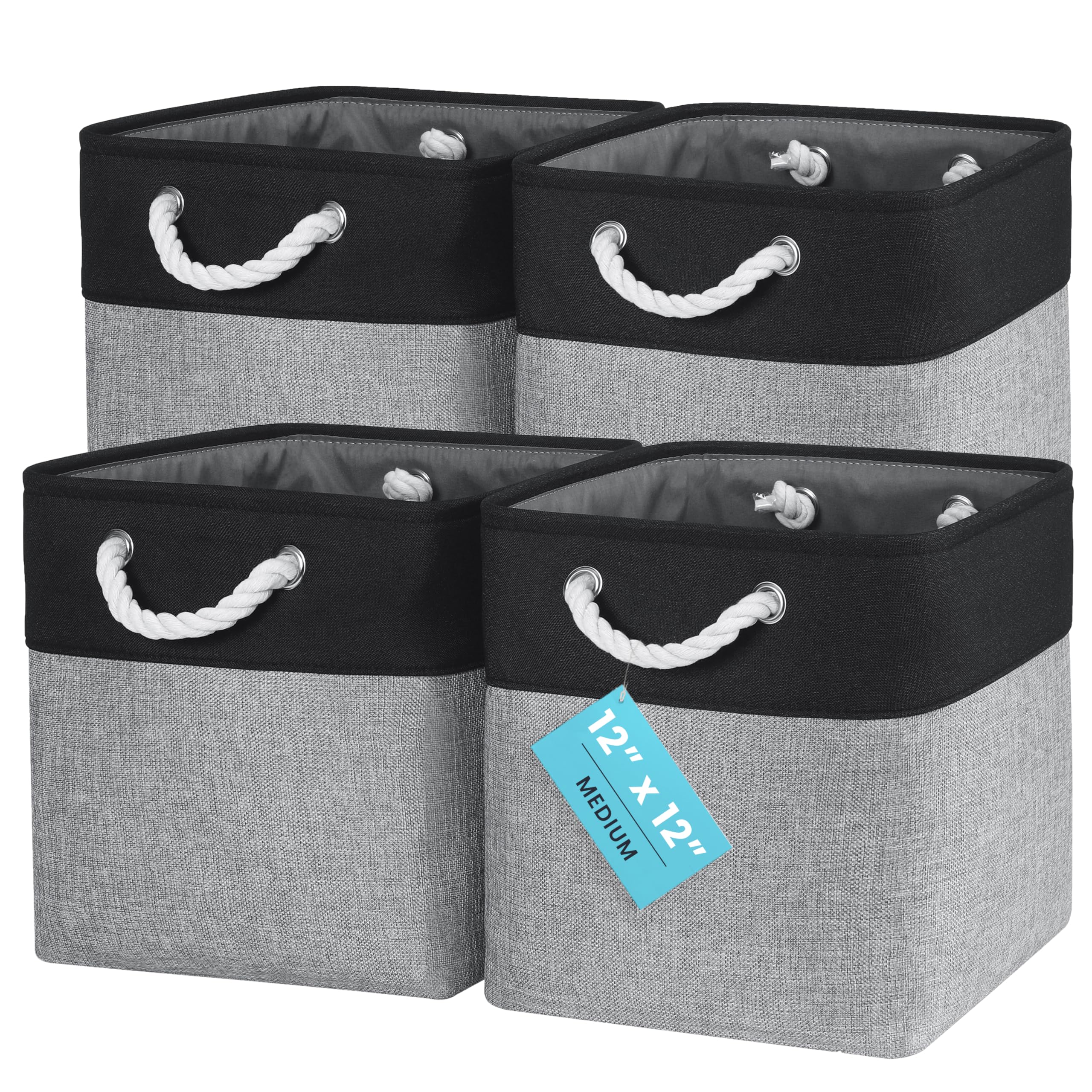 OrganiHaus Fabric Storage Boxes, Set of 4 Foldable 30X30 Cube Organiser Bins with Rope Handles for Shelves, Nursery & Closet, Collapsible Storage Baskets for Toys, Clothes & More - Grey/Black