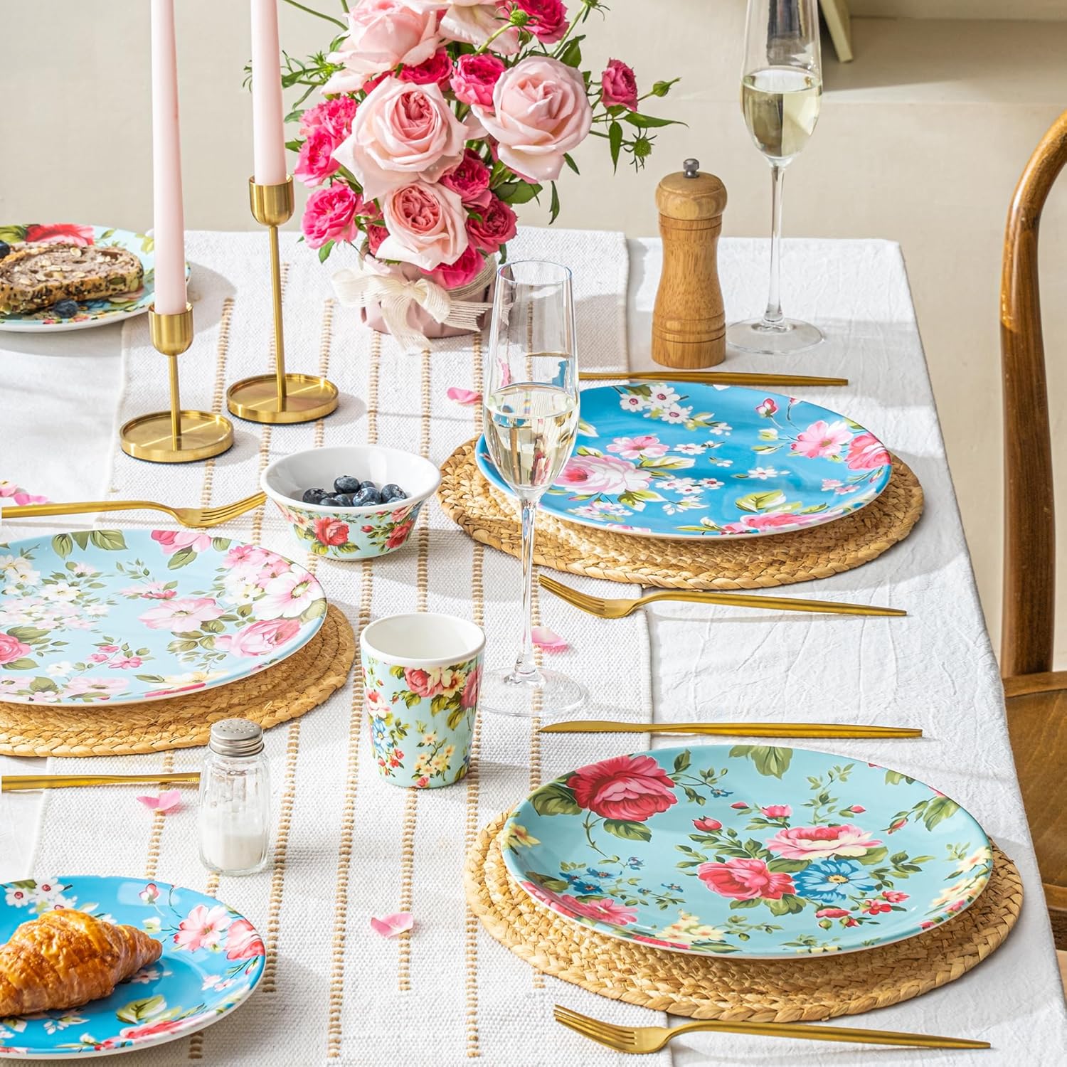 UNK U Melamine Plates Set of 6, 10.5-Inch Decorative dinner plates Lightweight Round Shatterproof Dishes Dishwasher Safe, Everyday Plates for Party, Birthday, Wedding Outdoor Use (Floral Rose Pattern)