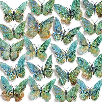 50 PCs Butterfly Wall Decor Cute Fairy Butterflies Wall Stickers 3D Butterflies for Birthday Cake Wedding Party Craft Room Decor Removable DIY Wall Decals sm- Green