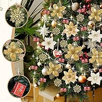 Vista 4 de 59 piezas 6 estilos de flores de Pascua artificiales para árbol de Navidad, adornos dorados de Navidad con tallos de bayas, copos de nieve, tarjetas