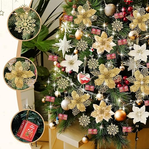 Miniatura 4 de 59 piezas de flores de Pascua artificiales de 6 estilos, decoraciones para árbol de Navidad, adornos dorados de Navidad con tallos de bayas,