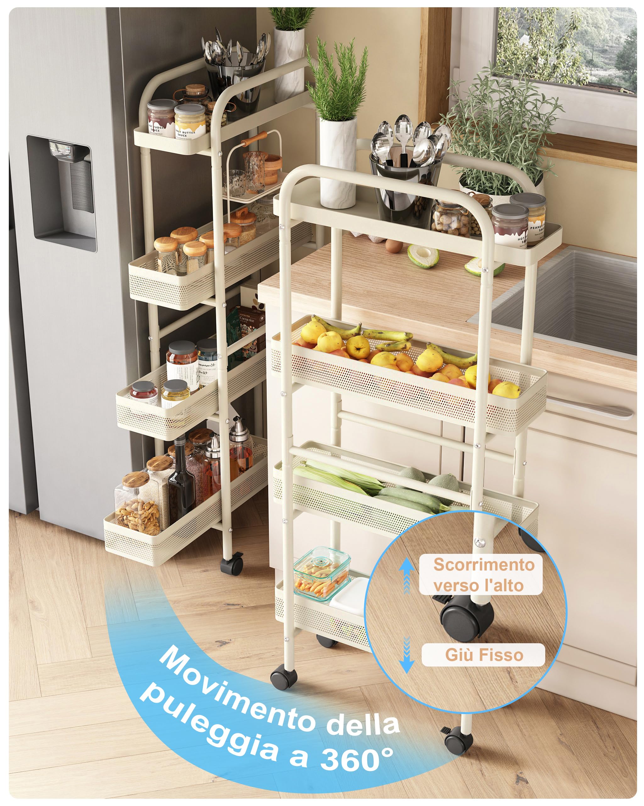 UMDONX Carrello Cucina con Ruote Stretto con Cassetti Estraibili,Bianco | Carrello Cucina Salvaspazio Portaoggetti a 4 Livelli in Metallo,Carrello di Servizio Sottile con Ruote per Cucina Bagno