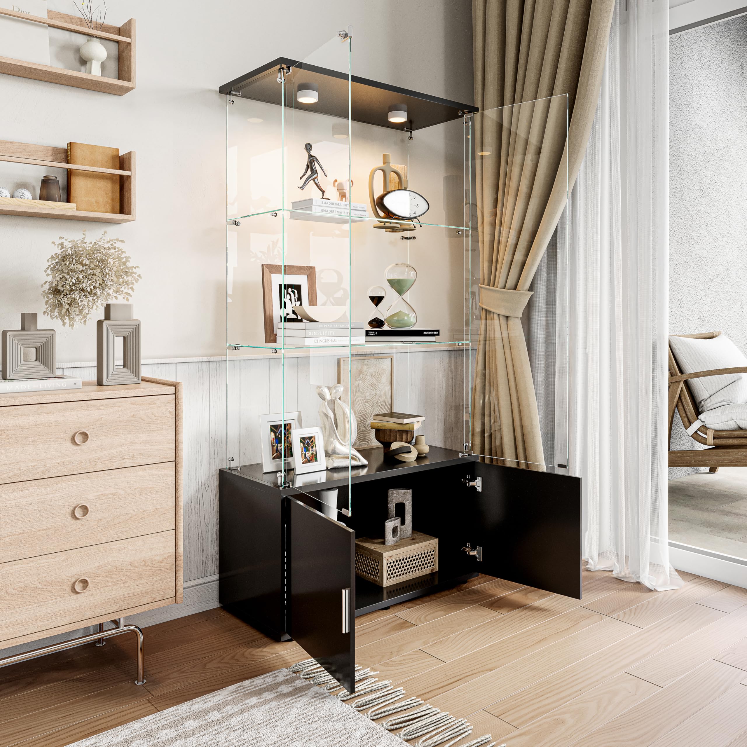 Vetrina in vetro, vetrina LED 3 strati legno 4 porte serratura