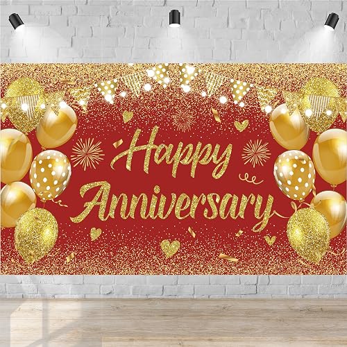 Wedding Anniversary Banner Red Gold Happy Decorations for Women Men Party, Indoor Outdoor Decor Supplies 71 * 43 Inch