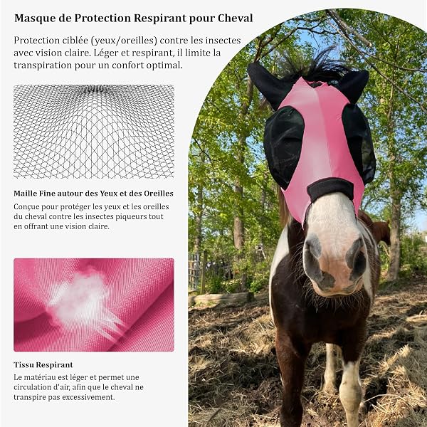 Masque Anti-Mouches pour Chevaux avec Oreilles, Haute Élasticité, Respirant, Protection UV, Grands Yeux, Ouverture pour La Crinière, Doux Et Confortable - Rose (Medium) - 2