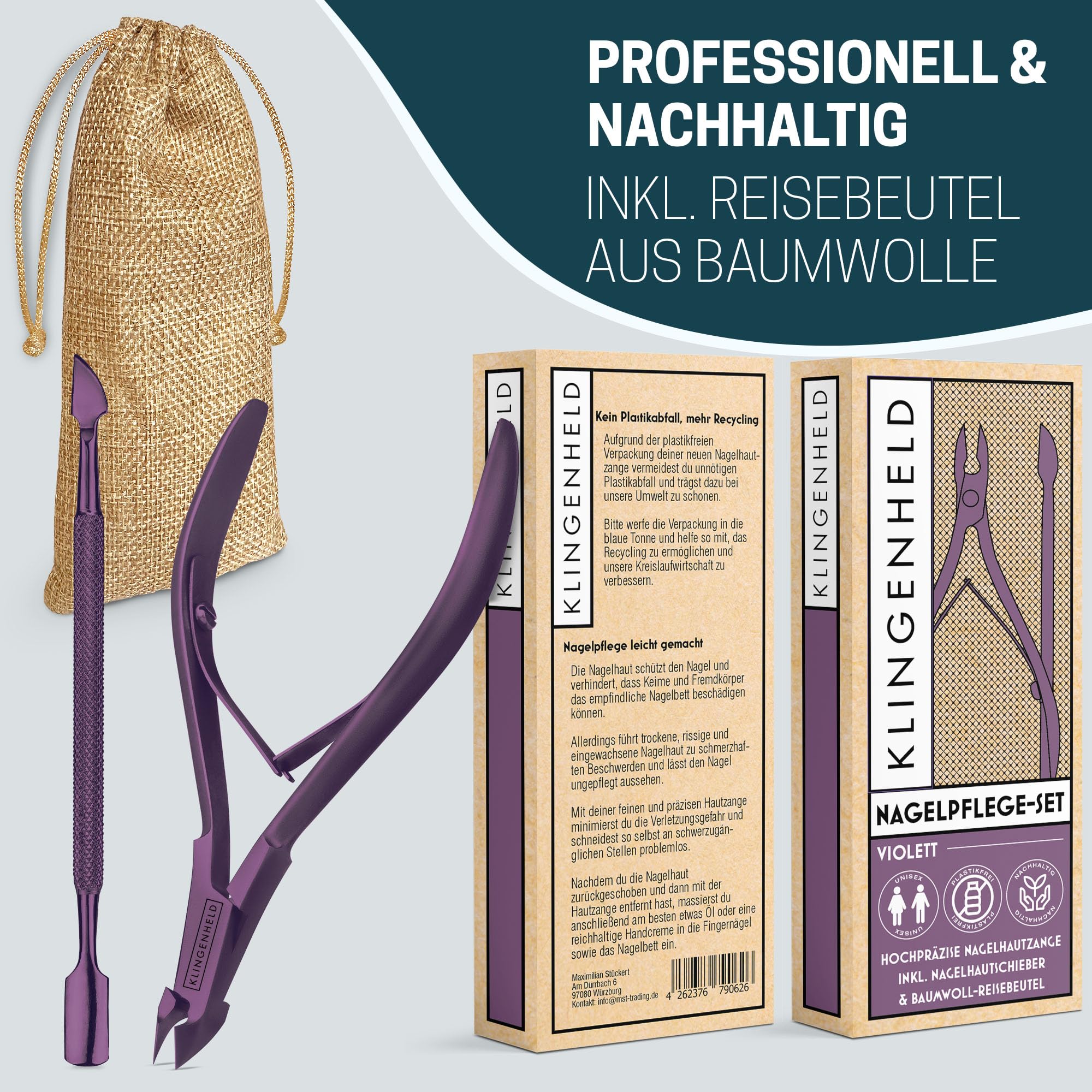 Pinza precisa per cuticole con 1 spingicuticole – molto maneggevole e extra affilata – con custodia da viaggio in cotone 100% privo di plastica e sostenibile – forbici cuticole