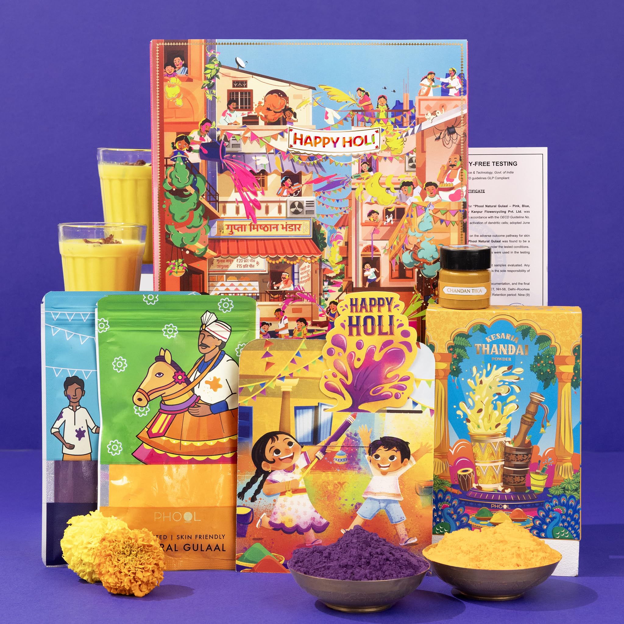 Phool Holi Mohalla Pop-up Gulaal Box 2026 | Natural Gulaal Purple + Orange 75g Each | Thandai Powder + Chandan Tika 15g | Holi Gift Box with Skin Safety Certificate & Greeting Card | Premium Holi Gift Hamper