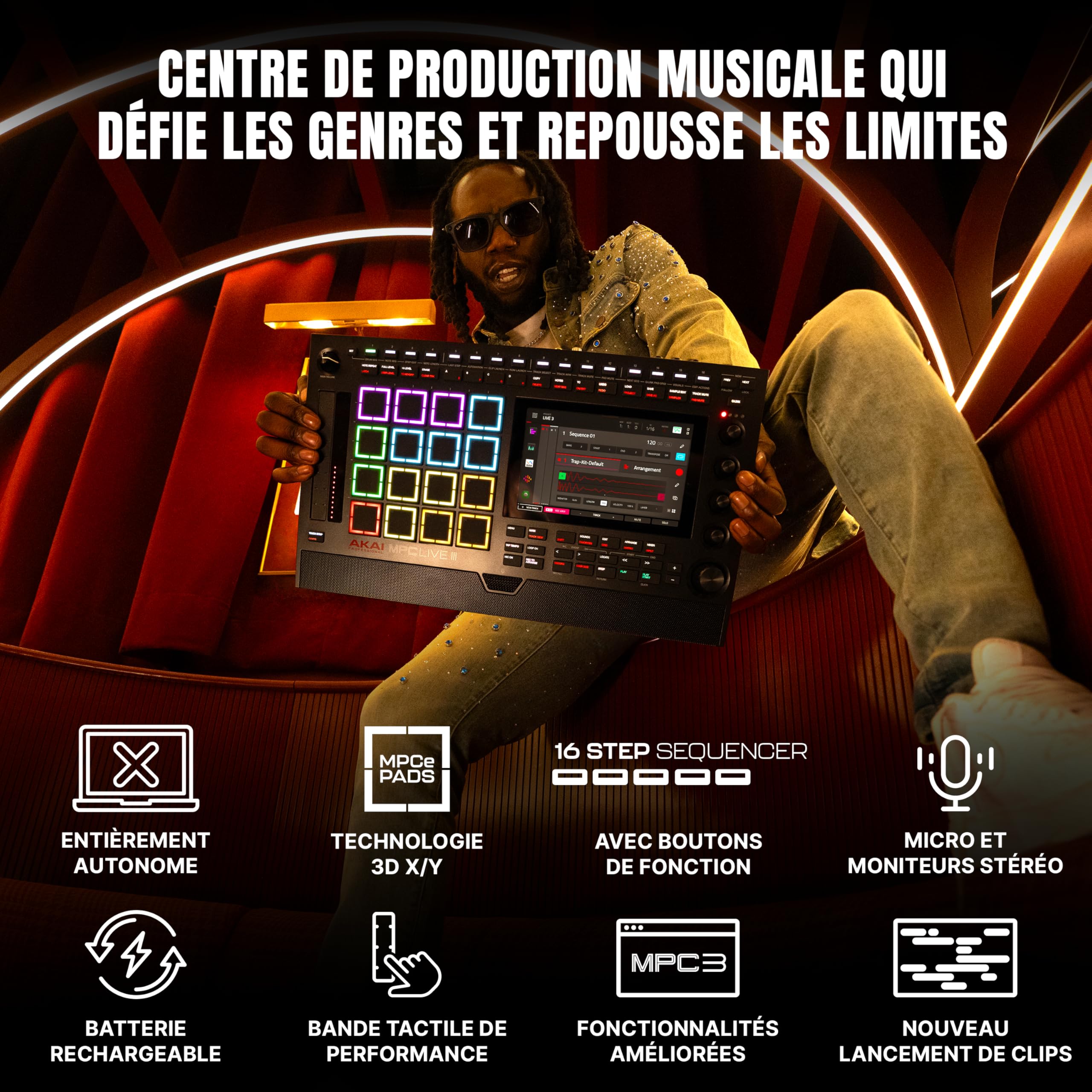 Akai Professional MPC Live III Centre de Production Musicale Portable Autonome avec Pads MPCe, Séquenceur, Écran Tactile, Micro, Enceintes Stéréo, Interface Audio, Wi-Fi, Bluetooth, Batterie