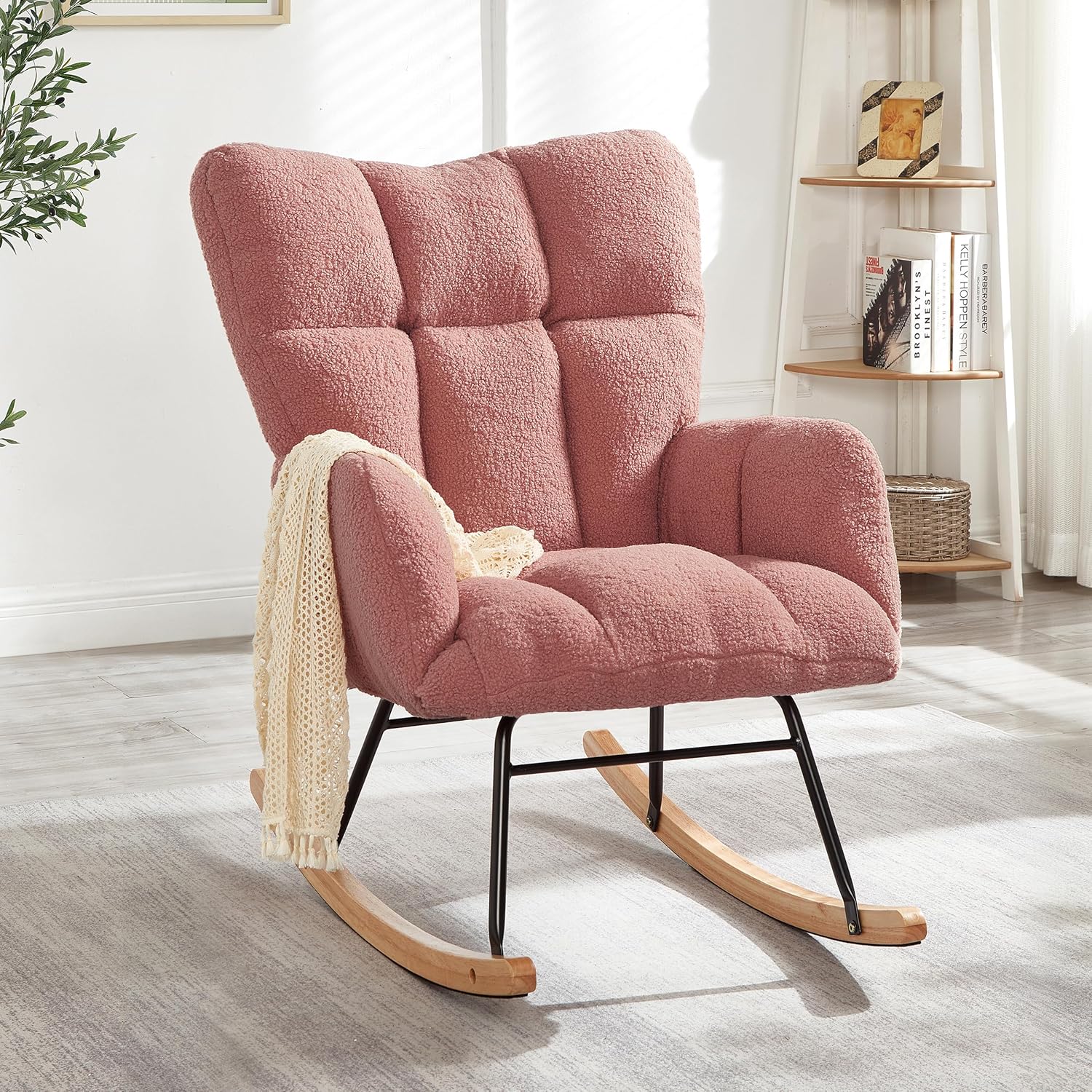 Setawix Upholstered Rocking Chair with Arms for Nursery,Tufted Rocker Glider Chairs,Teddy Fabric Rocking Armchair,Mid Century Modern Accent Chairs for Living Room,Bedroom (Teddy Pink, 27.2")