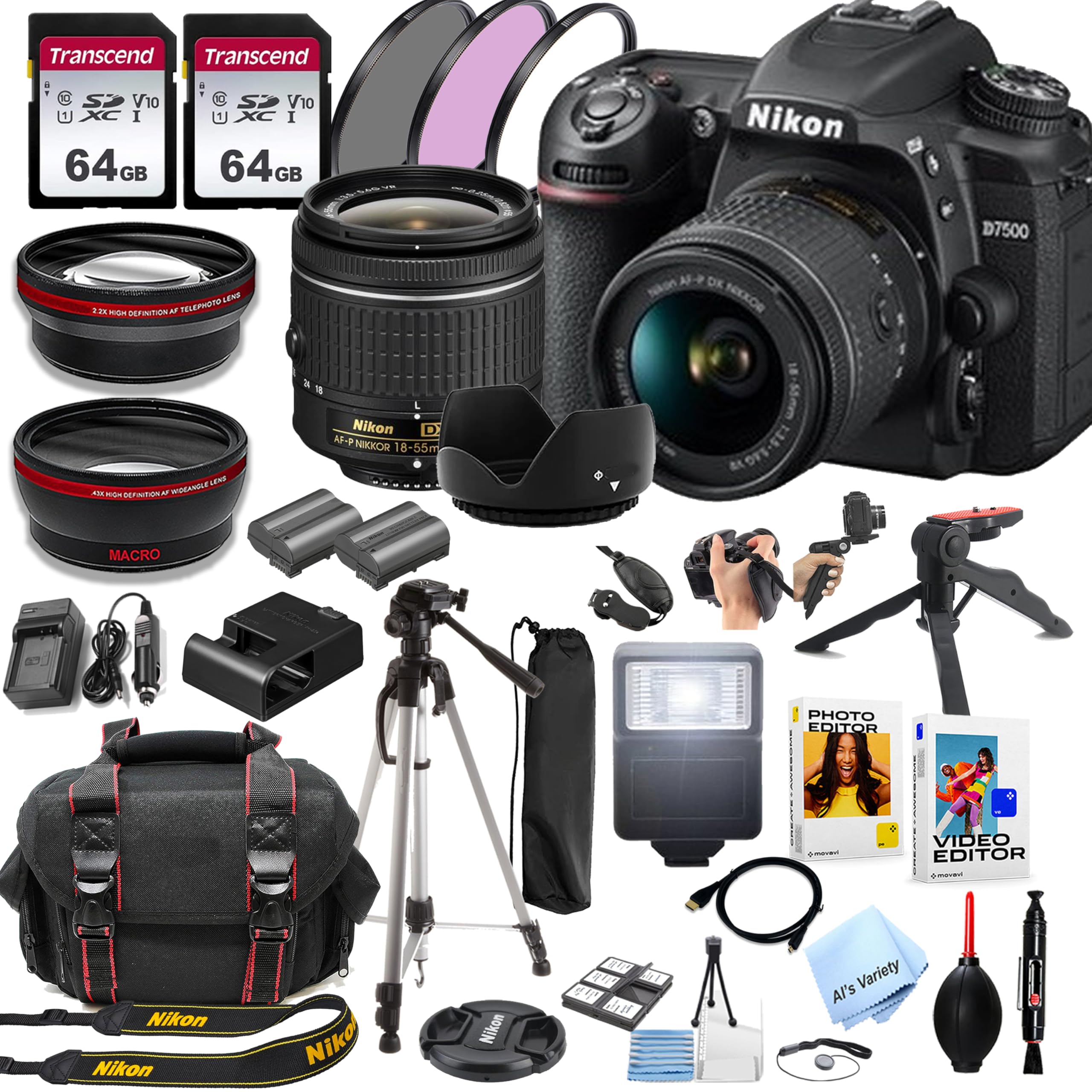 Nikon D7500 DSLR Camera Kit with 18-55mm VR Lens + 128GB Memory, Spare Battery, Filters,Case, Tripod, Flash, and More (42pc Bundle) (Renewed)