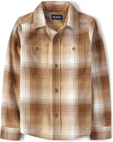 The Children's Place Camisa de manga larga con botones de franela a cuadros para niño