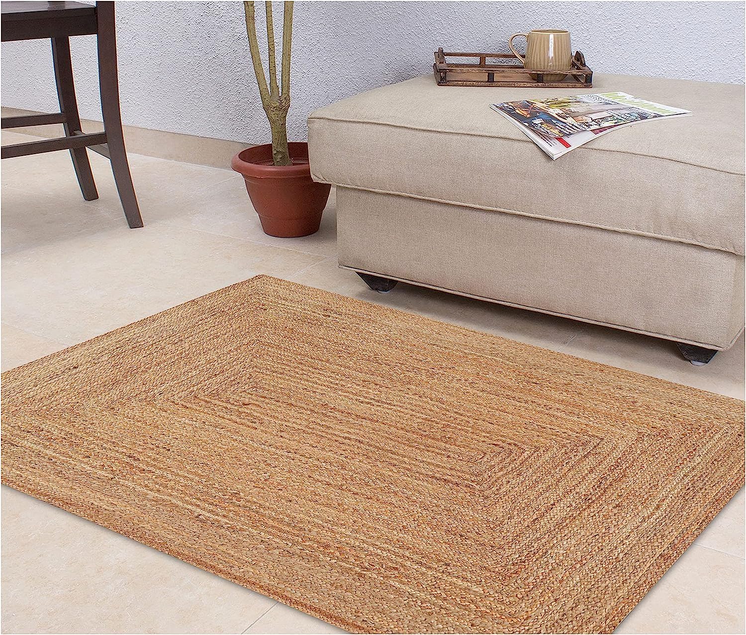 KEMA Jute Braided Area Rug, 8x10 Feet (96x120 Inches) - Rustic Vintage Braided Reversible Rectangular Rug, Shag Rugs for Bedroom, Jute Kitchen, Living Room, Floor