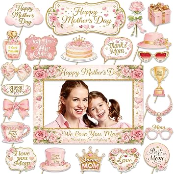 Mothers Day Decorations Photo Booth Props with Large Frame, 23 PCS Pink Floral Mothers Day Party Supplies, Best Mom Ever Celebration Backdrop, Selfie Props for Mothers Day Party & Brunch