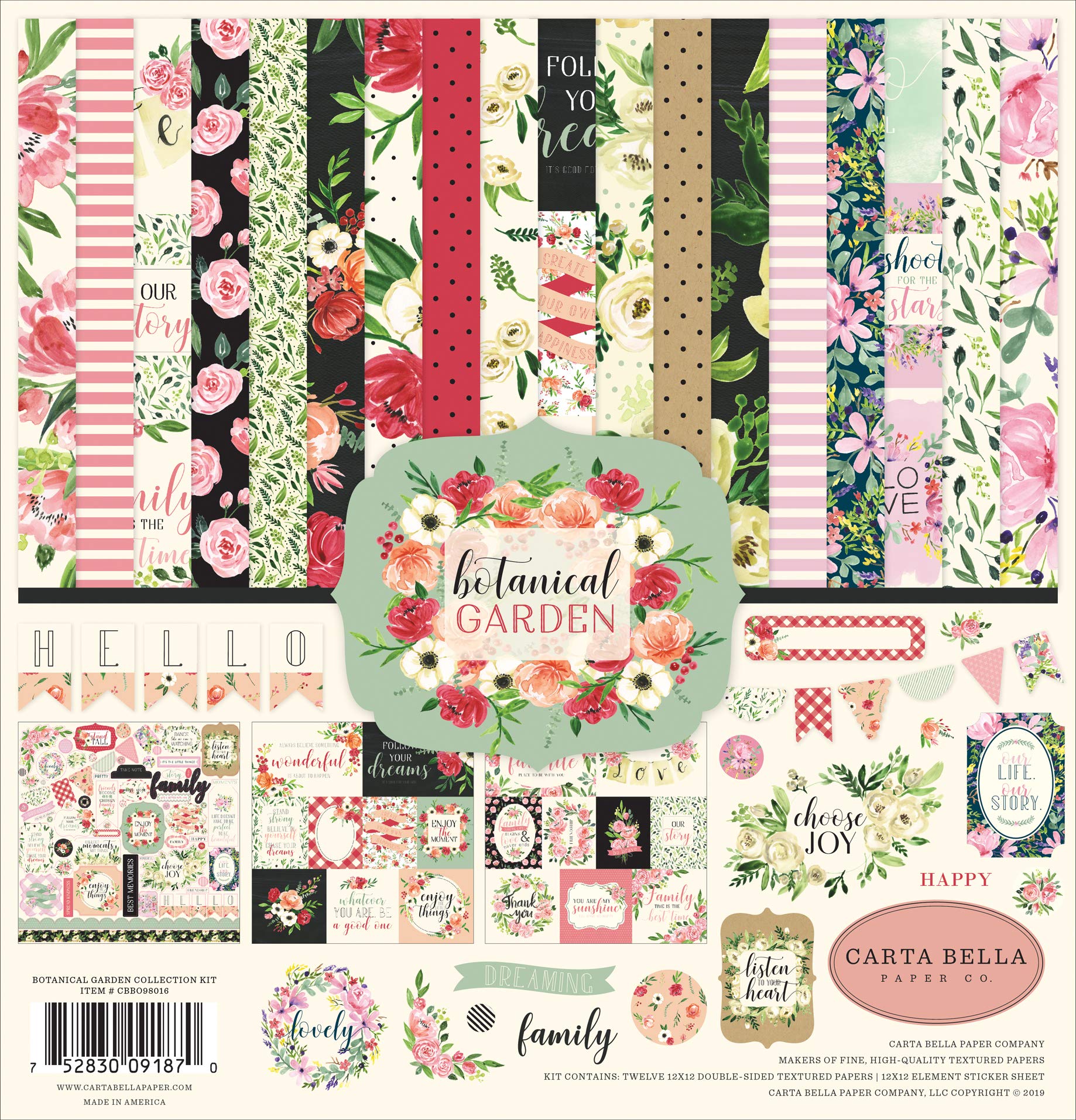 Carta BellaPaper Company Botanical Garden Collection Kit paper, pink, green, black, red, cream