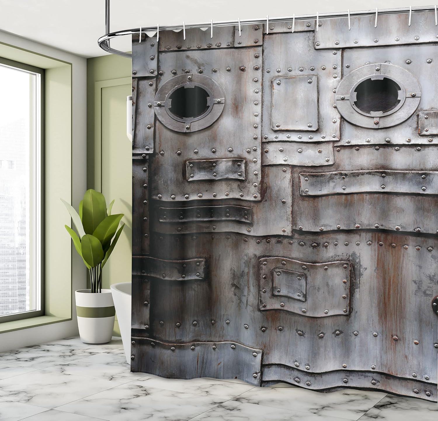 Ambesonne Industrial Shower Curtain, Rusty Iron Porthole Grunge Scratched Steel Factory Entrance Retro Image, Cloth Fabric Bathroom Decor Set with Hooks, 69" W x 70" L, Dark Taupe