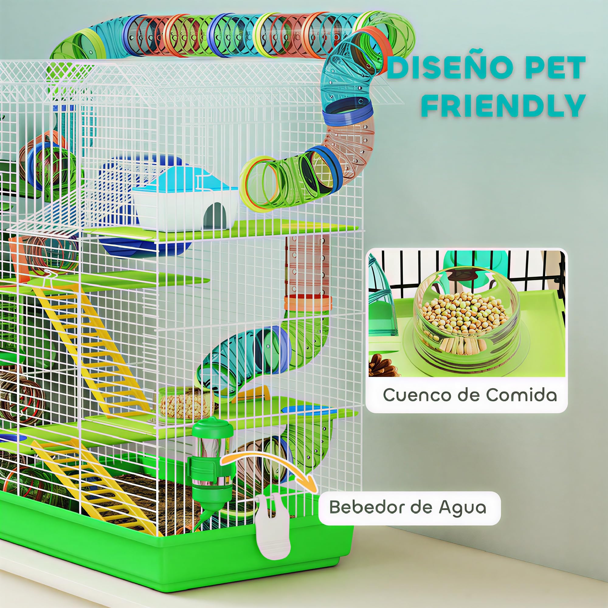 PawHut Jaula para Hámster de 5 Niveles, 47x30x59 cm, Casa para Animales Pequeños con Túnel, Comedero, Bebedero, Casita, Rueda de Ejercicio, Escaleras, para Ratas y Jerbos, Verde