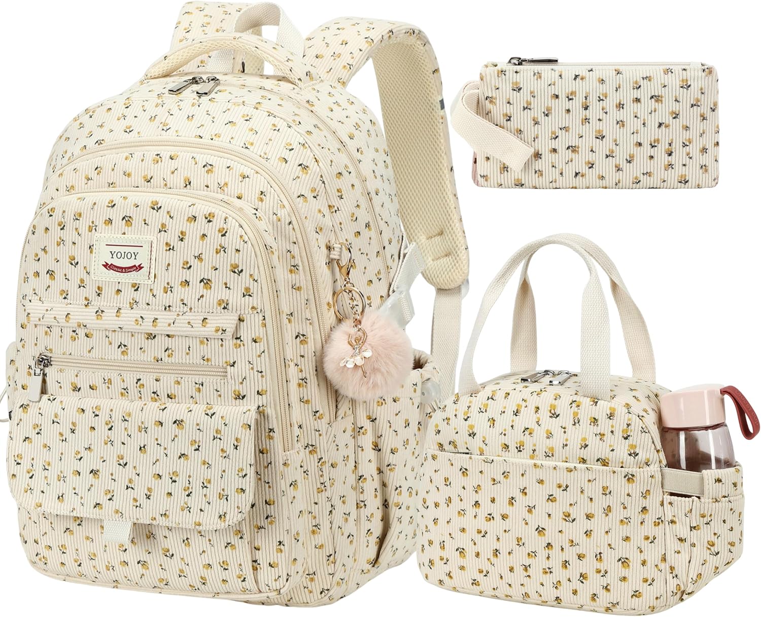 School Backpack for Girls,3PCS Corduroy Kids Backpack Set with Lunch Box & Pencil Pouch,15.6 Inch Laptop Teen Girls School Bag Travel Daypack for Elementary Middle High College（Beige Floral Set）