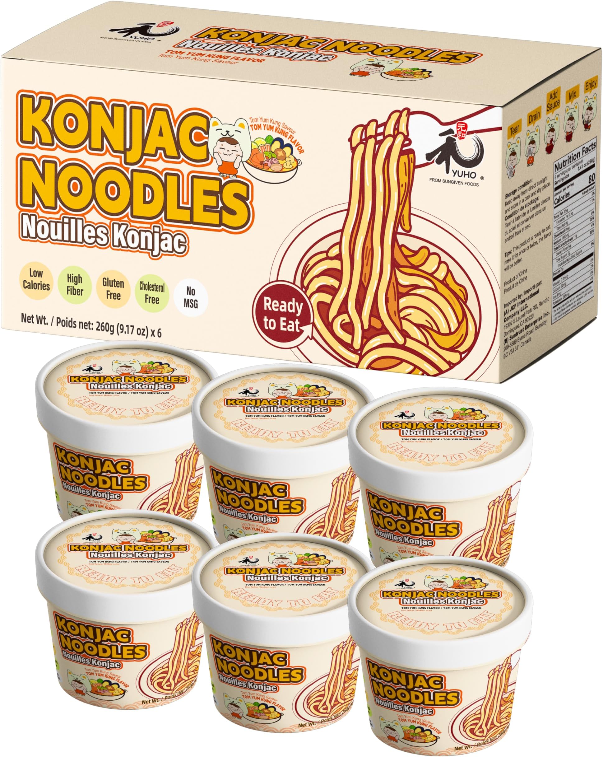 YUHO Shirataki Konjac Angle Hair Tom Yum 6 Pack, Gluten Free, Fat-Free, Keto Friendly, Low Carbs Noodles, Ready to Eat, Instant Cup Soup 55.02 Oz