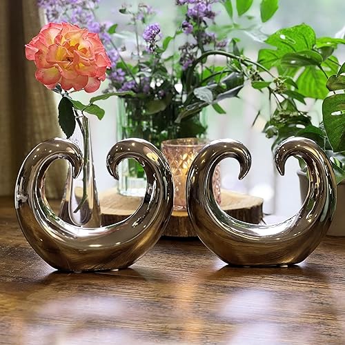 Miniatura 22 de WHW Whole House Worlds Eternity - Escultura de onda ascendente de doble rizo, arte moderno decorativo, cerámica esmaltada de titanio plateado, 8 1/4