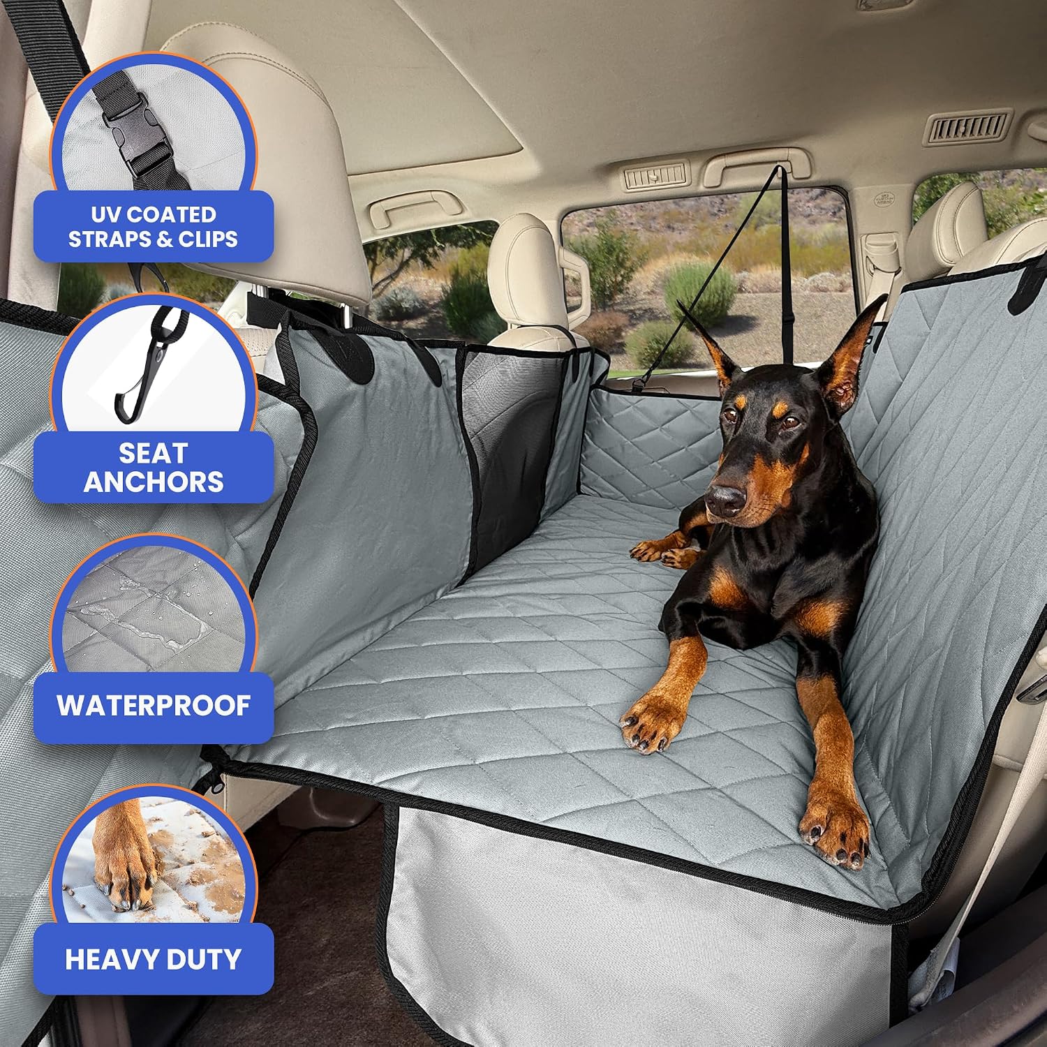 4Knines Back Seat Extender for Dogs, Hard Bottom Waterproof Backseat Protector with EZ Door Guard (Grey, Regular)