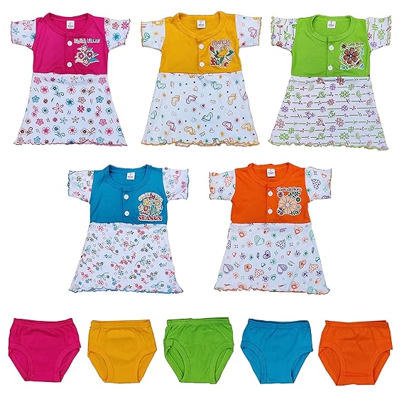 New Born Baby Girls Knee Length Cotton Frock Combo Pack (Set of 5) (0-3 Months, Multicolor)