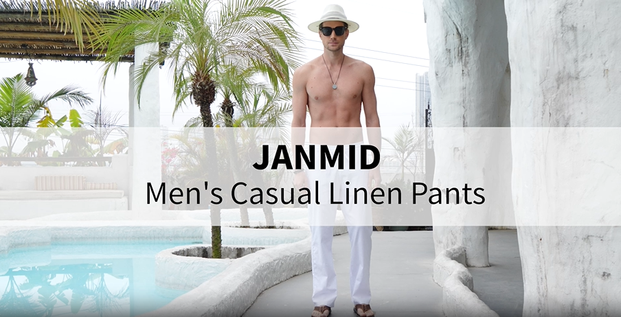 Janmid Mens Casual Linen Pants Elastic Waist Drawstring Beach