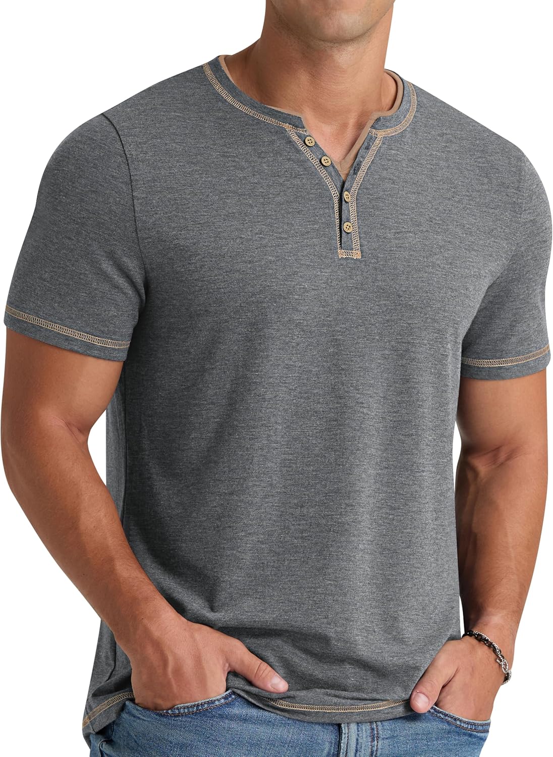 NITAGUT Henley T-shirt voor heren, katoen, licht, slim fit, korte mouwen, vrijetijdshemd, vintage, distressed T-shirt, S-XXL, groen, M