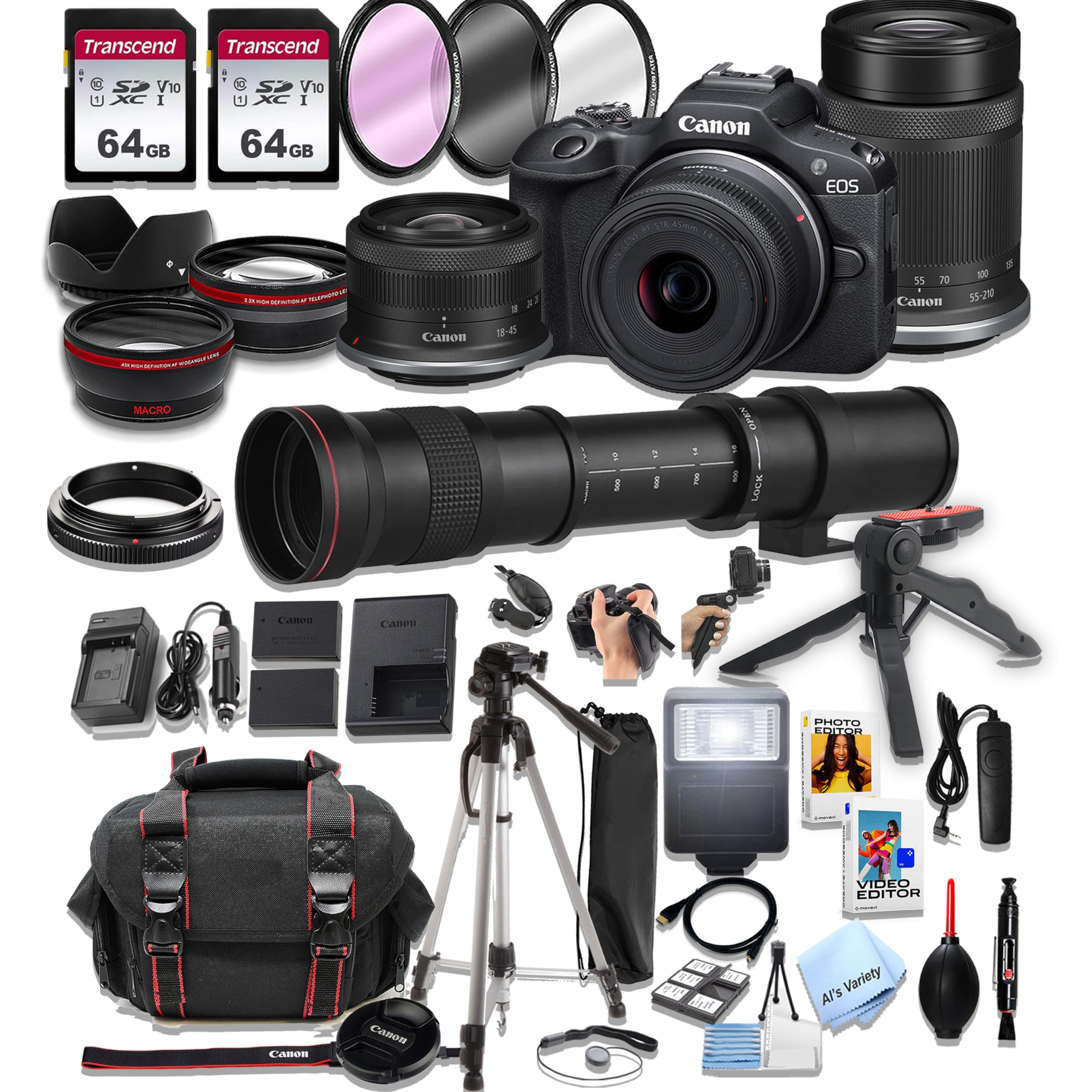 Canon EOS R100 Mirrorless Camera18-45mm and 55-210mm Lenses + 420-800mm Super Telephoto Lens + 128GB Memory, Spare Battery, Filters,Case, Tripod, Flash, and More (43pc Bundle)