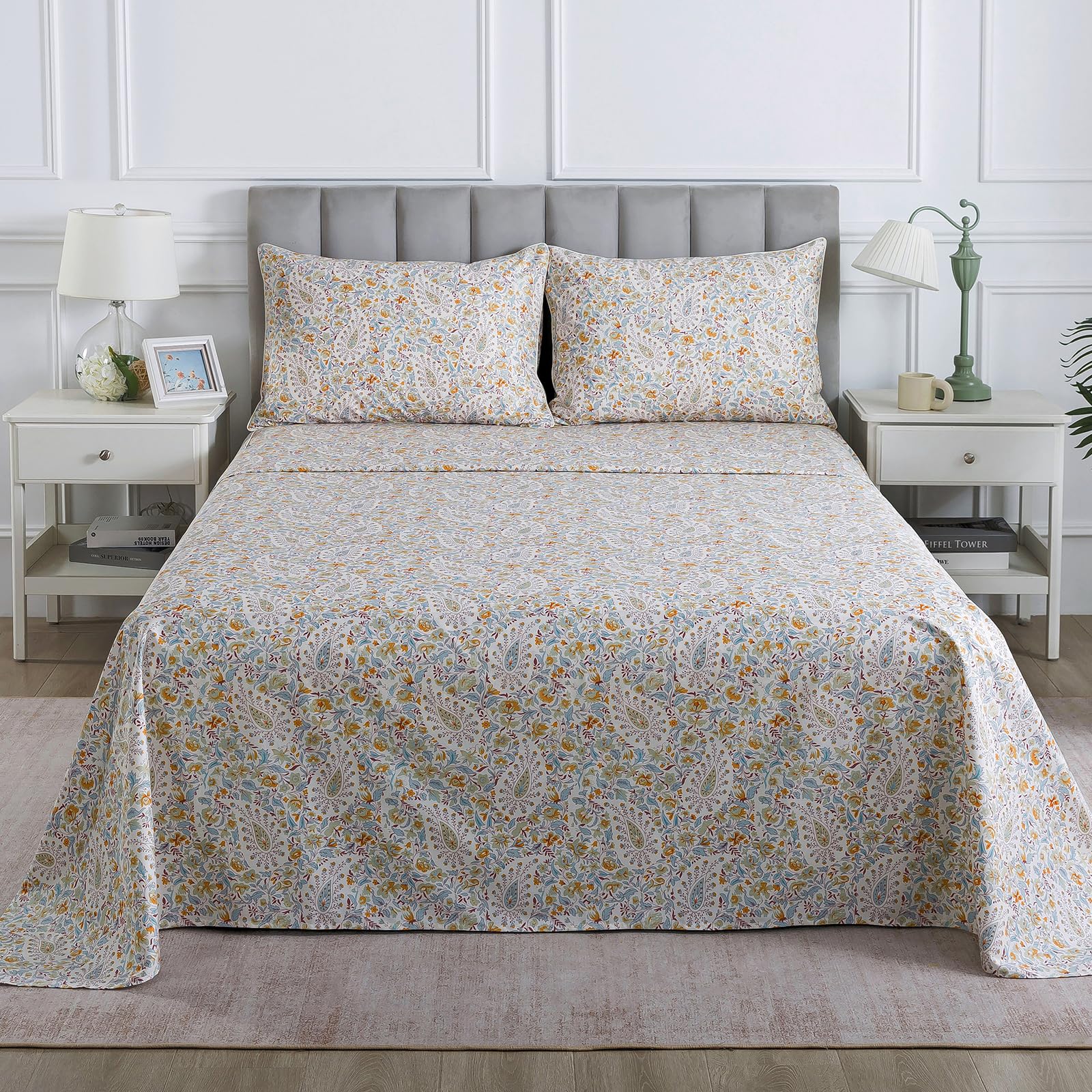 Lenzuola in percalle con motivo cachemire vintage, per letto California King, beige chiaro, shabby chic, floreale, 100% cotone, con tasca profonda, set di biancheria da letto di lusso, motivo