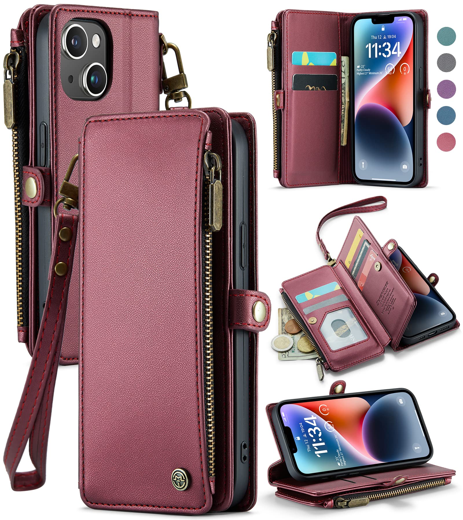 Defencase Compatible with iPhone 14 Case Wallet with RFID Blocking Card Holder for Women and Men, Fashion PU Leather Magnetic Snap Flip Zipper Strap Wallet Phone Case Fit for iPhone 14 6.1", Wine Red