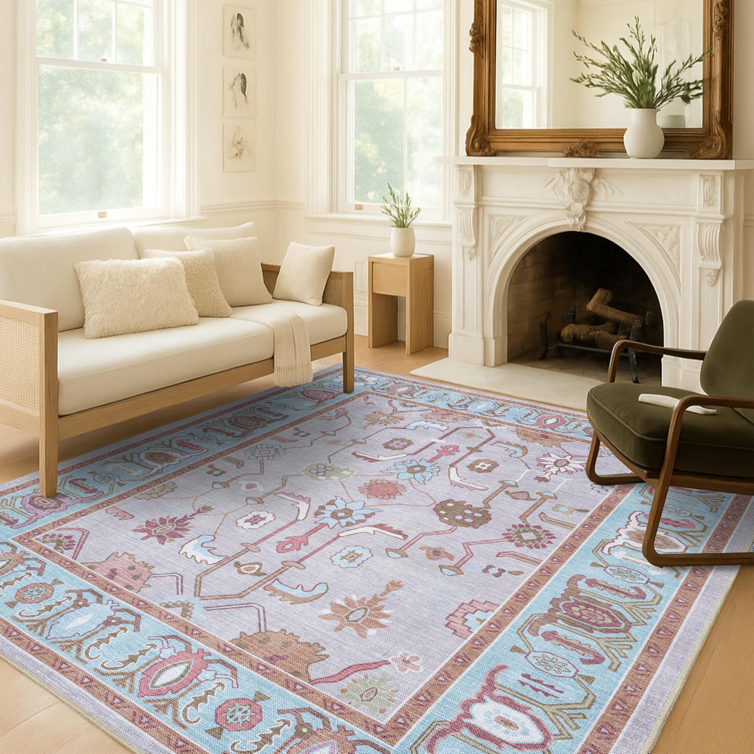Fame Living Pink Oushak Rug, Modern, Vintage, Turkish, Eclectic, Floral, Pastel, Washable, Large Area Rugs for Living Room, Dining, Bedroom, Girls,