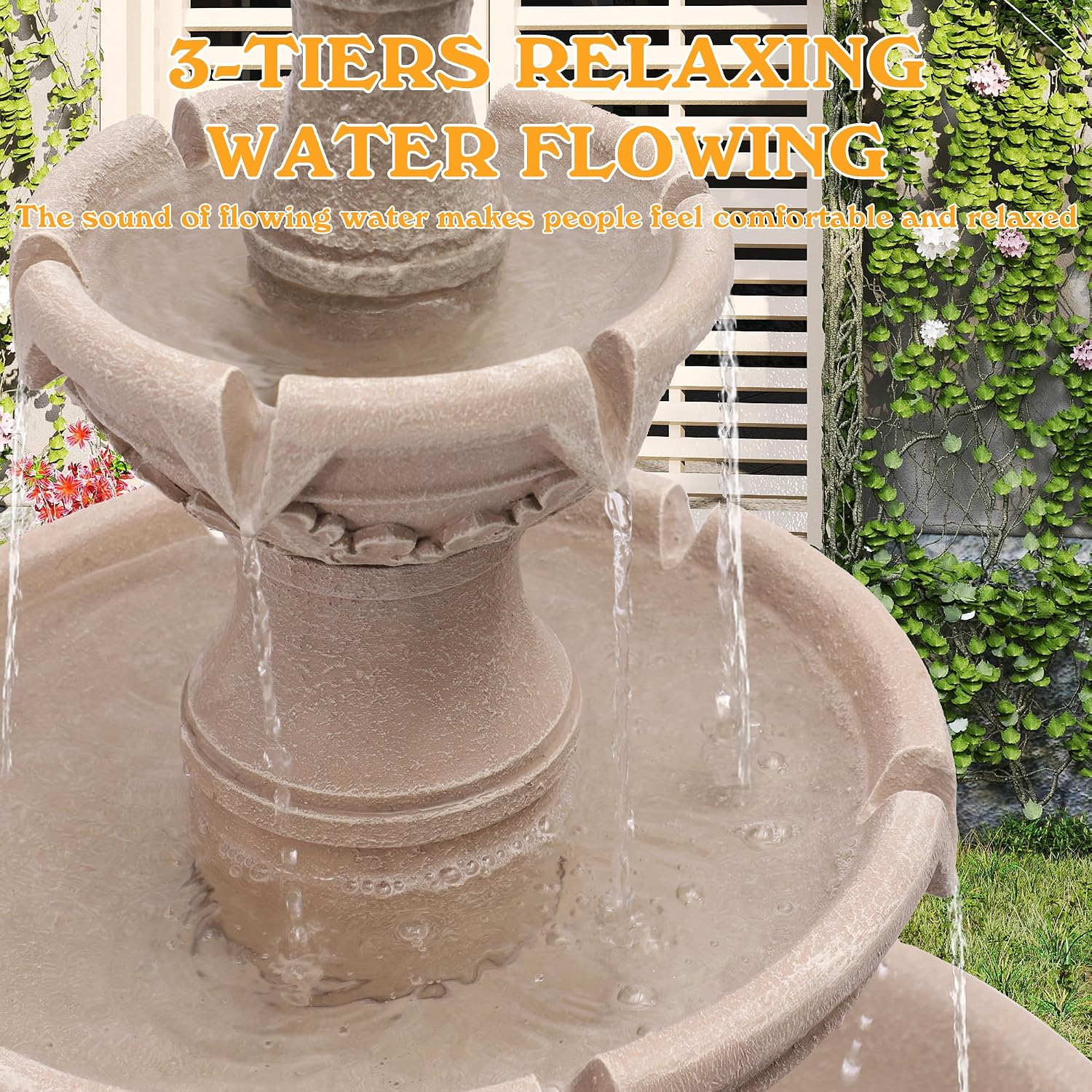 48.4" H 3-Tiers Italian Freestanding Water Fountain Classic Leaf Design, Roman Pillar Indoor Outdoor Floor Cascading Waterfall with Pump and Pineapple Top for Yard Patio Lawn Home Decor (Tan)