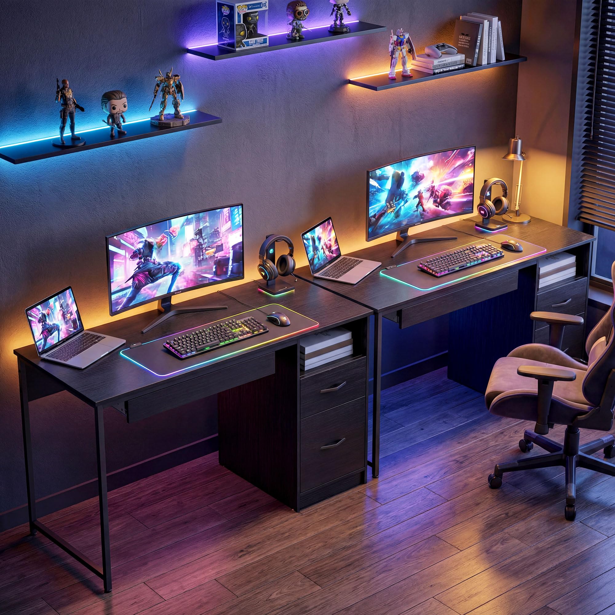 HOMCOM Scrivania Ufficio Salvaspazio con 2 Cassetti 120x52.3 cm Nero | per Documenti Formato A4 Lettera Legale, Vano Aperto, Vassoio per Tastiera, Tavolo Computer per Studio Casa Ufficio