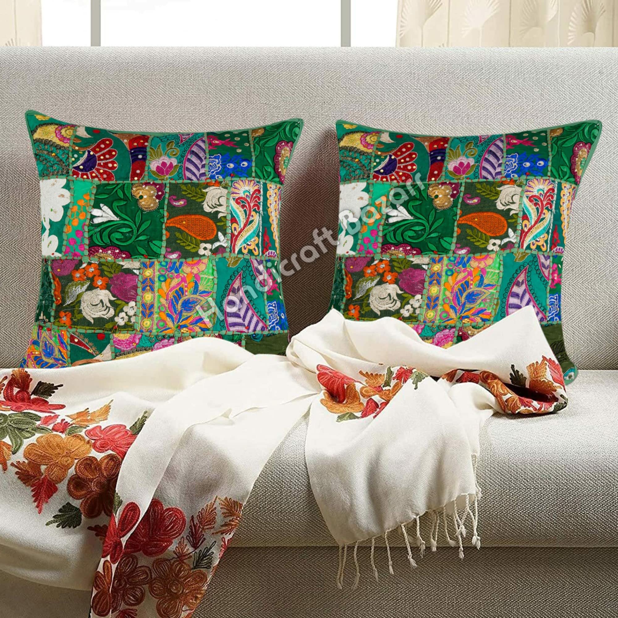 Handicraft Bazarr Handmade Cushion Cover Square Pillow Cover Traditional Patchwork Attractive Cushion Case Decorative Embroidery Cotton Home Decor Pillow Case Set of 2 (18x18 Inch)