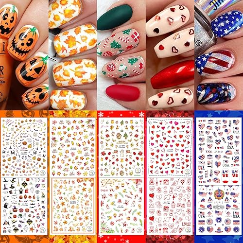 30 hojas de calcomanías de uñas para todas las fiestas, Independence Halloween, Navidad, San Valentín, Día de Acción de Gracias, calcomanías de arte