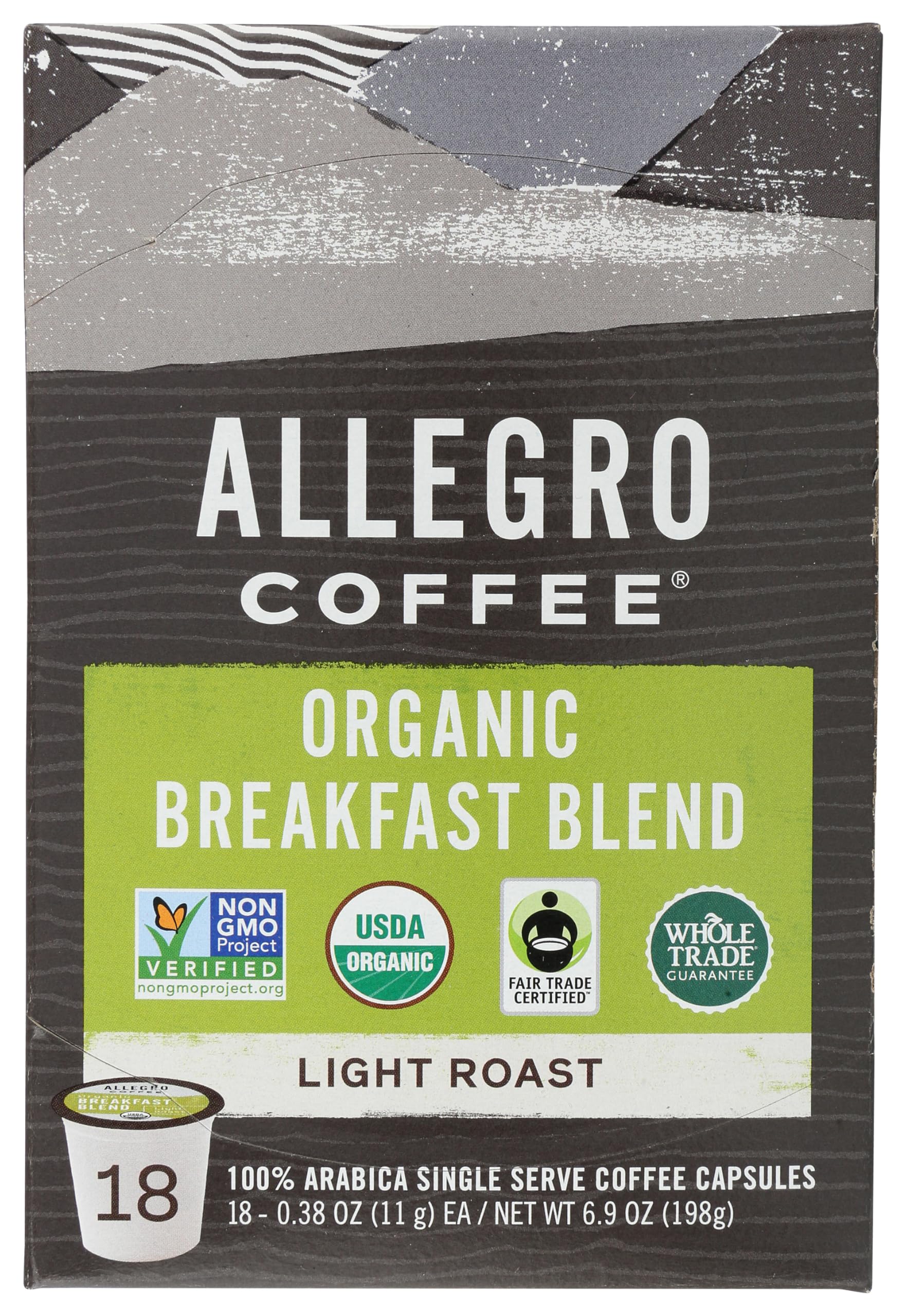 Allegro Coffee, Coffee Breakfast Blend Pods Organic 18 Count, 6.9 Ounce